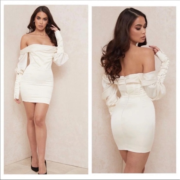 House of CB white Santana satin mini dress with puff sleeve and ruched detail - Picture 8 of 9